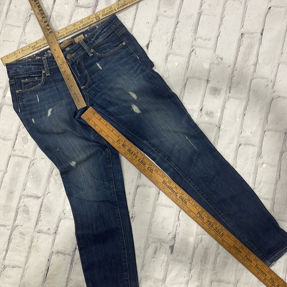 Paige Skyline Mid-Rise Jeans Light Distressing Skinny Straight Dark Wash Denim - Picture 11 of 11